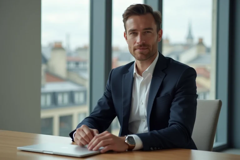 Portrait professionnel d'Aaron Nouchy en blazer marine dans un bureau parisien moderne, regard confiant vers l'objectif