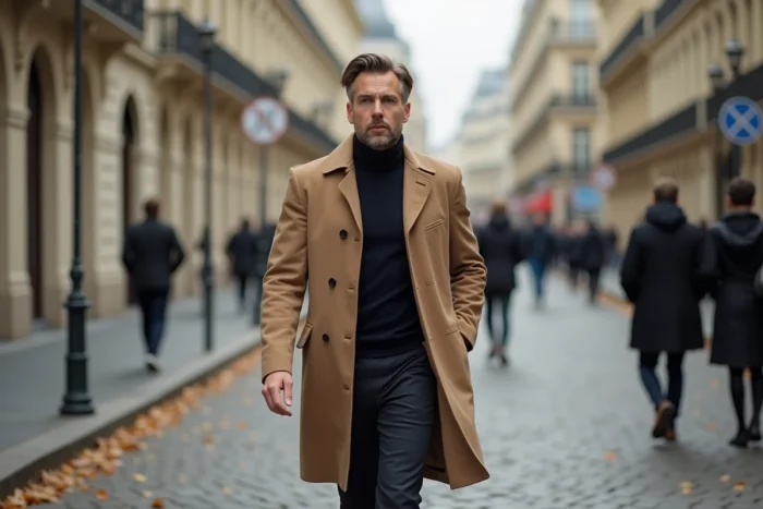 Aaron Nouchy marchant dans une rue parisienne pavée en automne, silhouette élégante sur fond de façades haussmanniennes