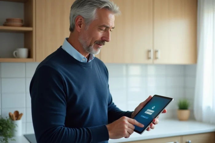 Homme accédant aux services de santé en ligne via une tablette numérique dans une cuisine moderne