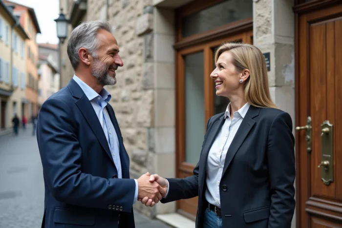 Poignée de main entre cédant et repreneur devant un cabinet conseil au cœur de la vieille ville d'Annecy