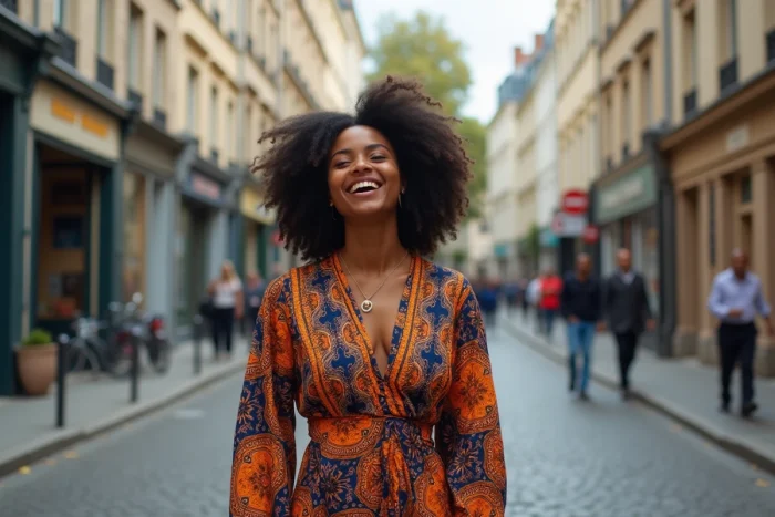 Actrice en robe à motifs africains riant dans une rue pavée parisienne, portrait environnemental éditorial naturel