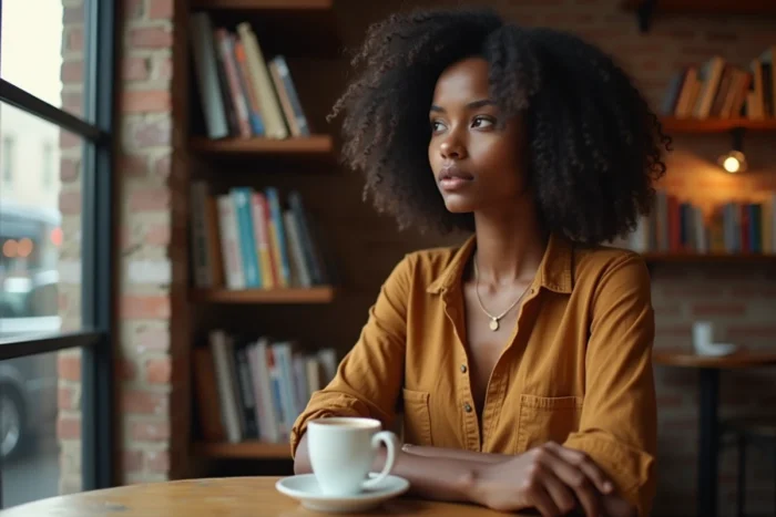 Jeune femme actrice en tenue décontractée assise dans un café vintage avec expression pensive, photo éditoriale réaliste