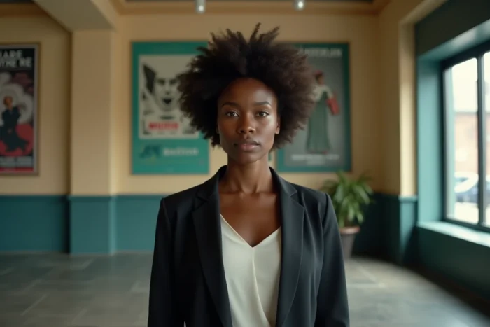 Jeune actrice africaine en blazer sombre dans le hall d'un théâtre moderne, portrait éditorial 3/4 en ambiance feutrée