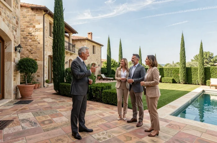 Agent immobilier local présentant une villa de prestige à des acheteurs potentiels lors d'une visite