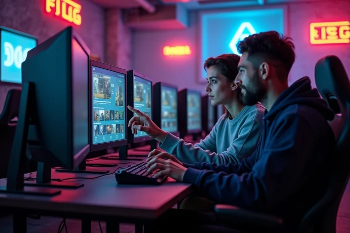 Deux amis gamers dans un espace de jeu partagé explorant ensemble des plateformes alternatives de partage de fichiers
