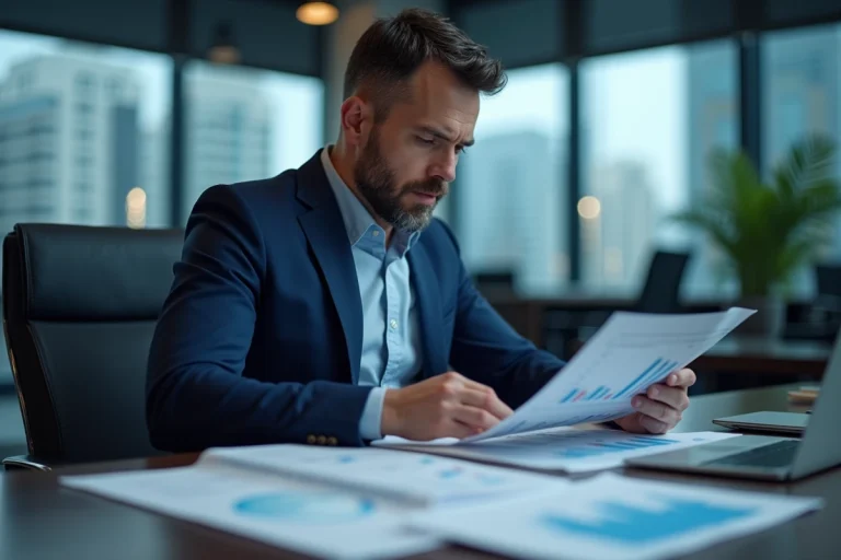 Un analyste financier en costume marine étudie des graphiques boursiers et des données d'actions sur tablette dans un bureau moderne, pour illustrer les points clés avant d'investir en bourse