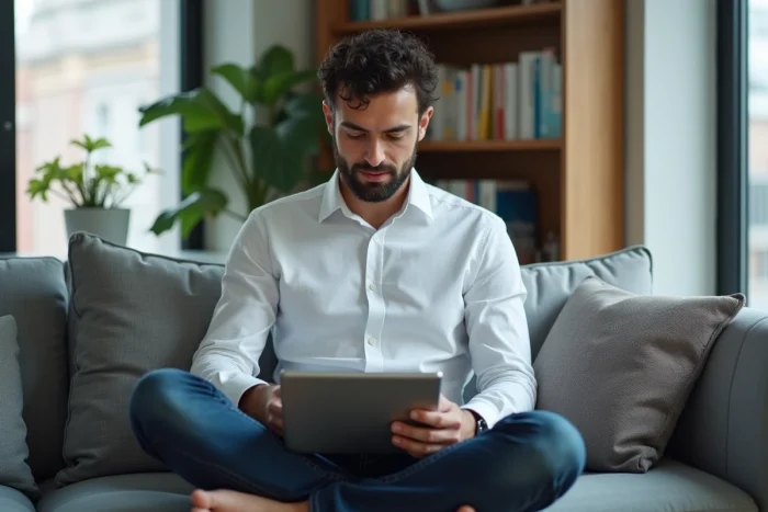 Jeune homme suivant une formation en ligne sur tablette depuis son bureau à domicile