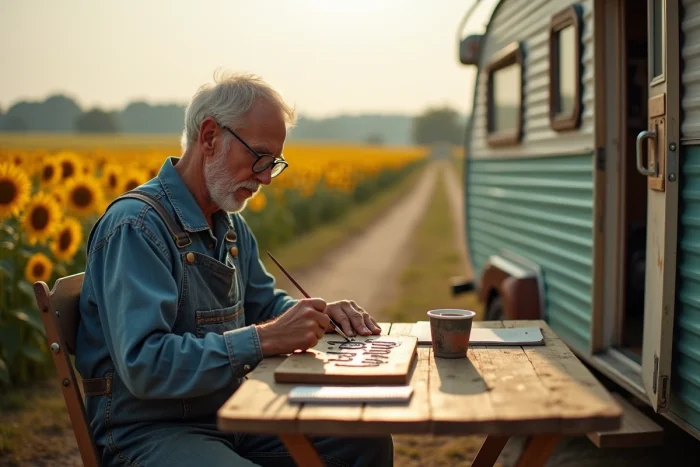 Homme âgé calligraphiant un surnom artisanal sur une plaque en bois pour son camping-car devant des champs de tournesols