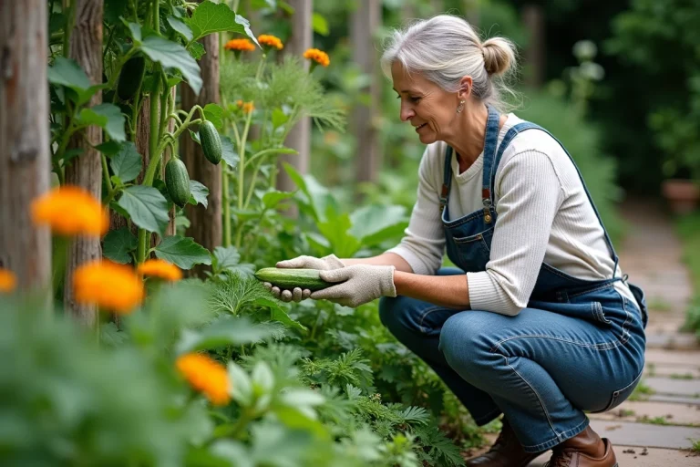 Femme jardinière inspectant des plants de concombre sur une pergola en bois entourés de plantes compagnes comme l'aneth et les œillets d'Inde dans un potager bien entretenu