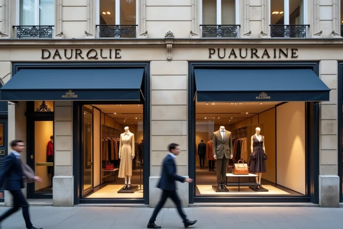 Façades de boutiques de luxe rivales Avenue Montaigne à Paris, symbolisant la concurrence entre LVMH et ses concurrents dans la haute couture mondiale