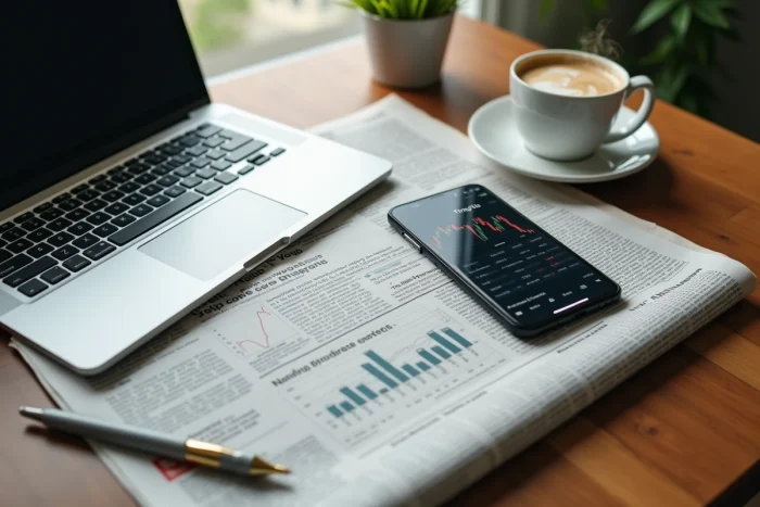 Vue aérienne d'un bureau avec journal financier, prospectus d'investissement, stylo et smartphone affichant un portefeuille boursier pour illustrer la recherche avant d'investir en actions
