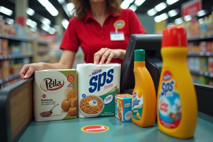 Caisse de magasin discount avec produits du quotidien et étiquettes de prix en français