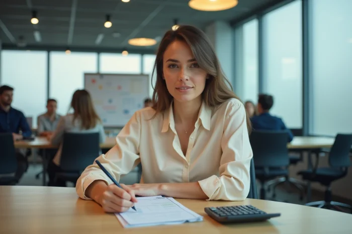 Employée du secteur public calculant une indemnité de sujétion spéciale avec une fiche de paie et une calculatrice sur une table de réunion