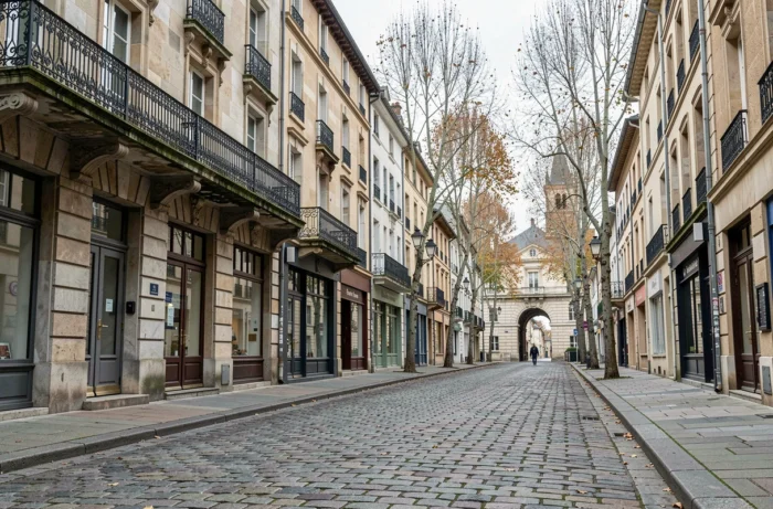 Vue grand angle du centre historique de Pontarlier avec la Porte Saint-Pierre et les façades en pierre typiques du Doubs