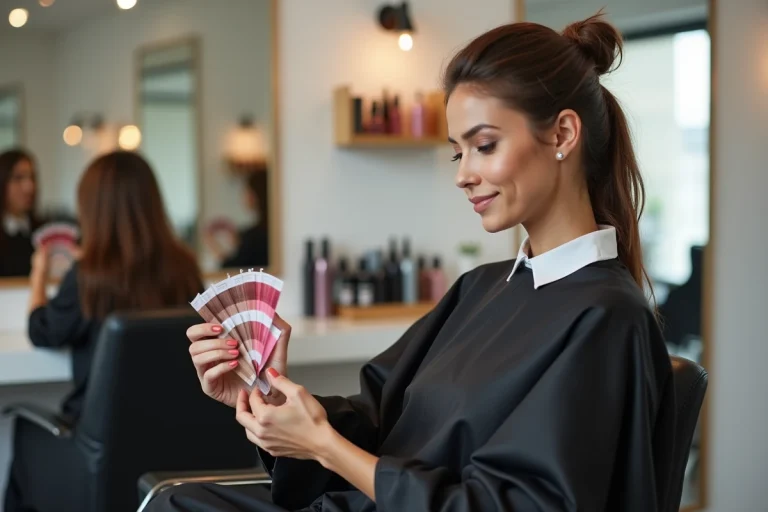 Femme en salon de coiffure choisissant sa couleur de cheveux parmi des nuanciers professionnels
