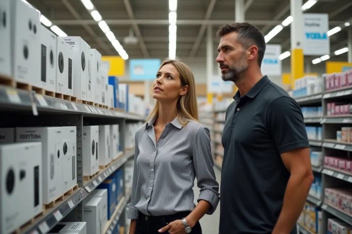 Couple choisissant des caméras de sécurité et sonnettes connectées dans un magasin de bricolage pour personnaliser leur maison