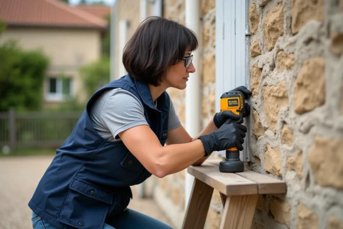 Femme utilisant une cartouche de colle spéciale sur façade en crépi pour fixer un support sans percer profondément