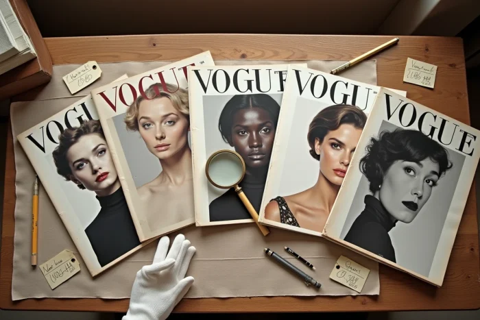 Flat lay de numéros Vogue vintage collector avec loupe et gants de conservation sur table en chêne