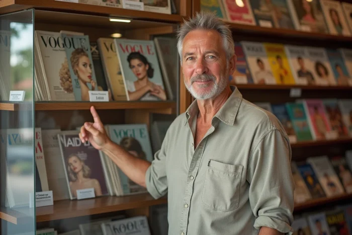 Collectionneur présentant des numéros Vogue rares dans une boutique spécialisée en magazines vintage