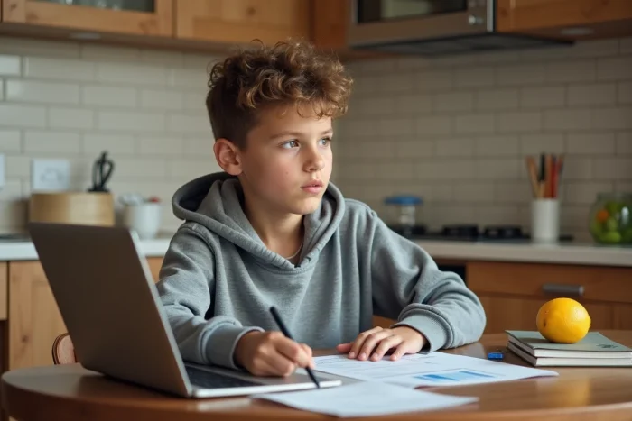 Collégien de cinquième à la maison consultant son bulletin scolaire et ses notes sur ordinateur