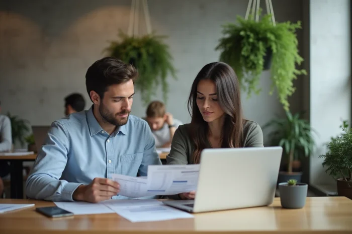 Deux collègues comparant des offres de banques en ligne sur un ordinateur portable dans un espace de coworking