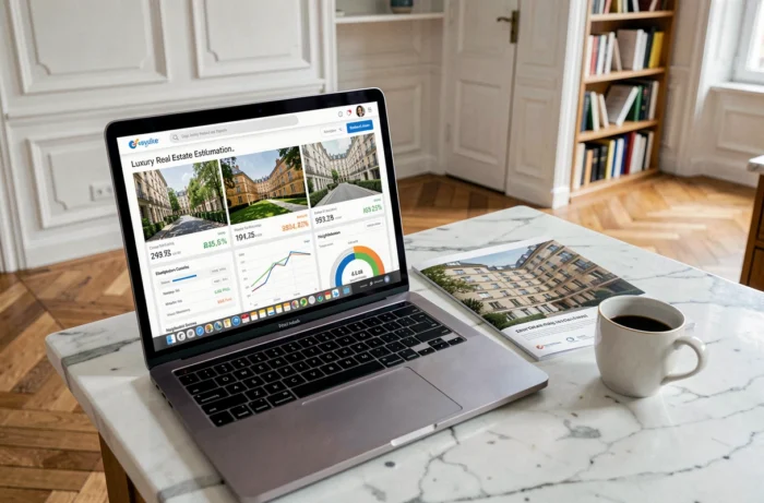 Comparaison entre estimation immobilière en ligne et documentation papier d'agence pour un bien de prestige