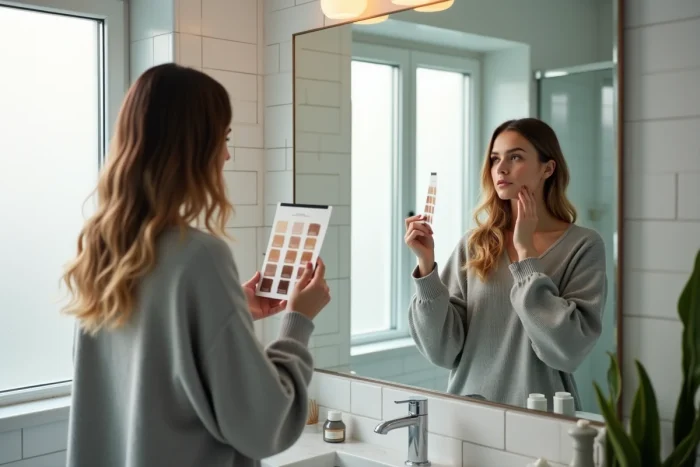 Jeune femme comparant des nuances de couleur de cheveux devant son miroir de salle de bain