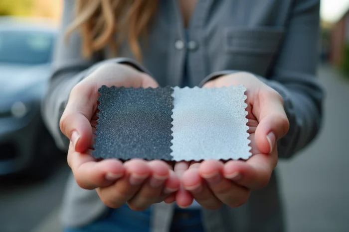 Comparaison de deux teintes de gris pour la Peugeot 308 avec des échantillons de peinture tenus à la main