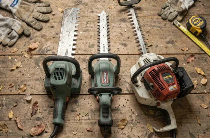 Comparaison de trois types de taille-haies posés sur un établi en bois : électrique filaire, sans fil et thermique
