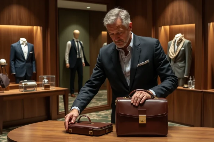 Homme en costume Gucci inspectant une maroquinerie de luxe dans un showroom milanais, évoquant la rivalité entre grandes maisons de mode haut de gamme