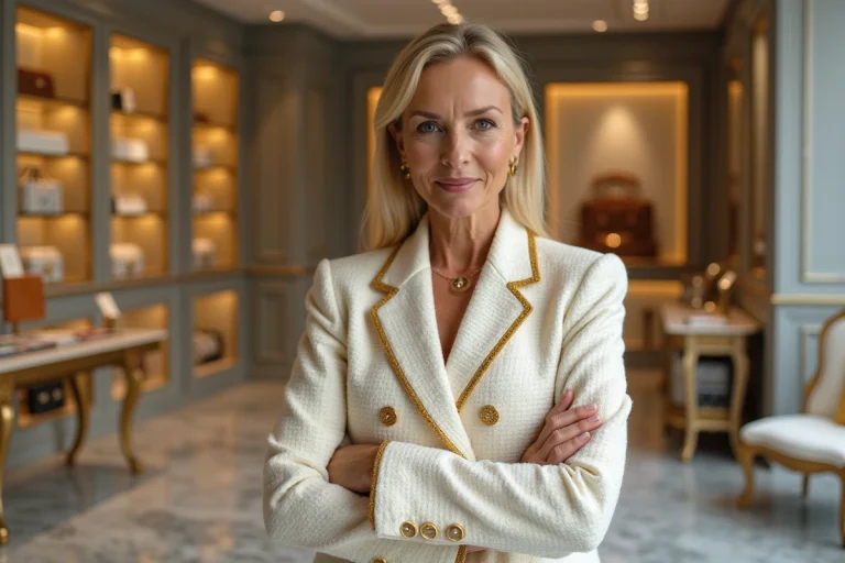 Femme élégante en veste Chanel dans une boutique de luxe parisienne, illustrant la haute couture et la concurrence dans le secteur du luxe