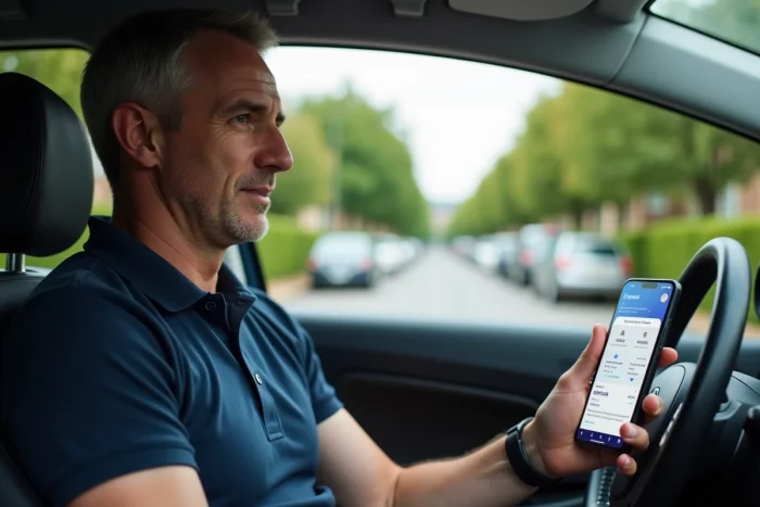Conducteur de covoiturage vérifiant les tarifs et frais de service sur une application de covoiturage depuis son véhicule