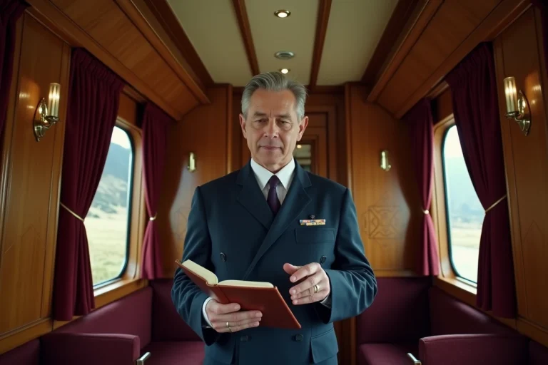 Conducteur de l'Orient-Express vérifiant la liste des passagers dans le couloir d'une voiture-lit historique aux boiseries Art Déco
