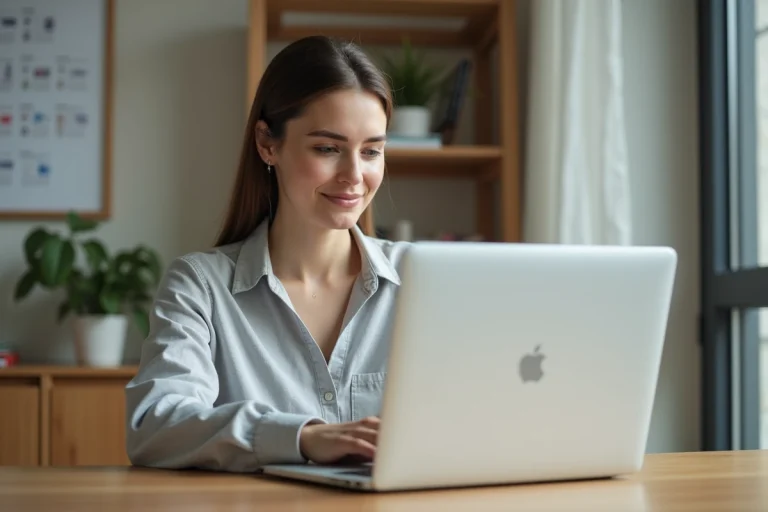 Femme connectée à une plateforme de santé en ligne sur son ordinateur portable dans un bureau à domicile