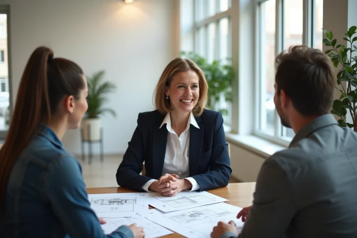 Conseillère immobilière présentant des plans de propriété à un couple lors d'un rendez-vous en agence
