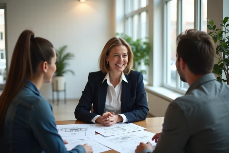 Conseillère immobilière présentant des plans de propriété à un couple lors d'un rendez-vous en agence
