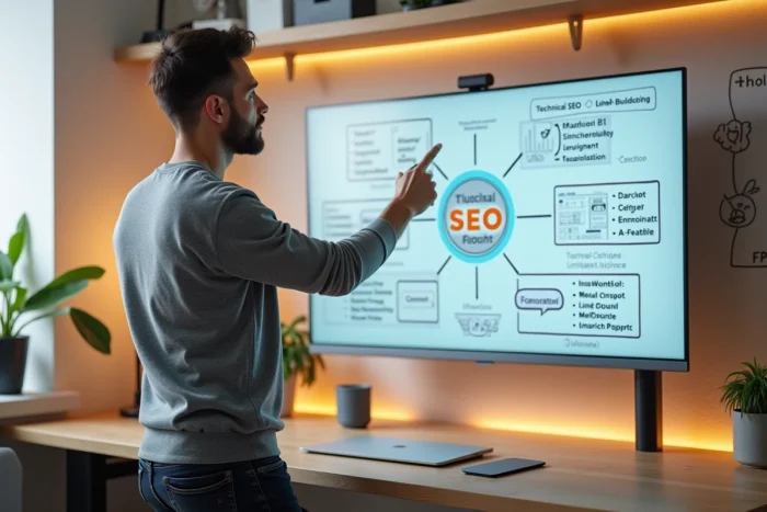 Homme consultant SEO présentant un plan de formation référencement sur un écran mural dans un bureau à domicile