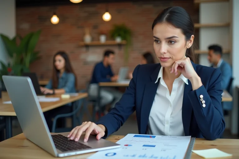 Consultante SEO analysant des données de référencement sur un ordinateur portable dans un espace de coworking moderne
