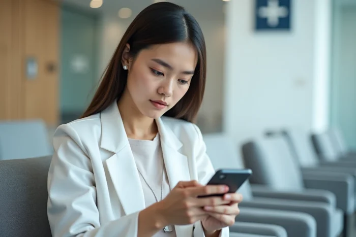 Jeune femme consultant son compte santé en ligne sur smartphone dans une salle d'attente médicale
