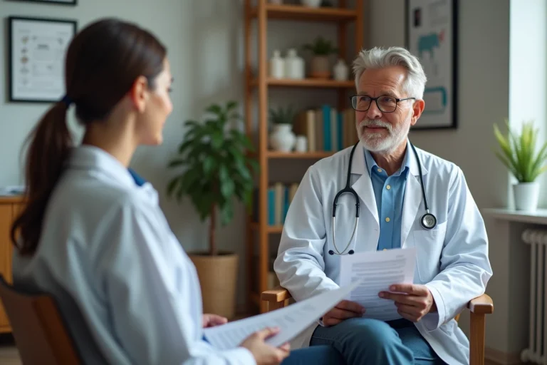 Médecin femme en consultation avec un patient adulte, discutant d'un rapport de santé dans un cabinet médical chaleureux