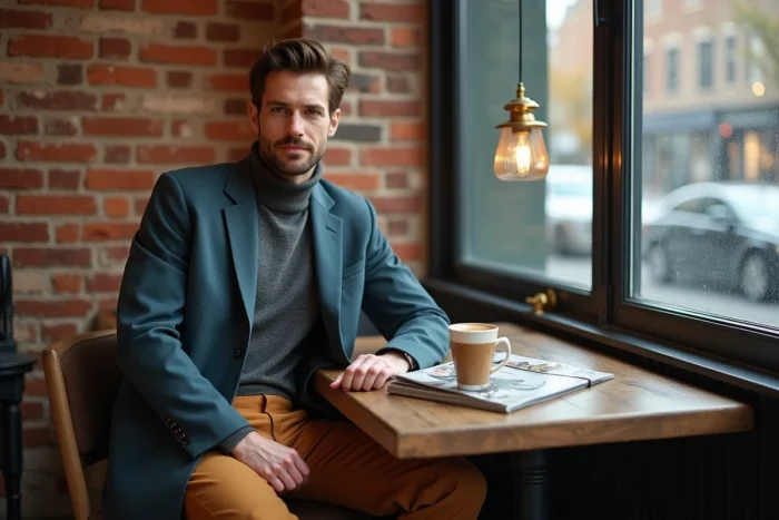 Homme en pantalon camel et blazer bleu ardoise attablé dans un café parisien, palette de couleurs tendance automne-hiver 2025