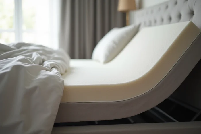 Gros plan sur la coupe transversale d'un matelas en latex flexible plié sur un lit électrique articulé, montrant les couches internes et la souplesse du matériau