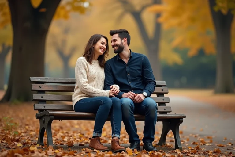 Couple complice assis sur un banc en automne, riant ensemble parmi les feuilles dorées dans un parc