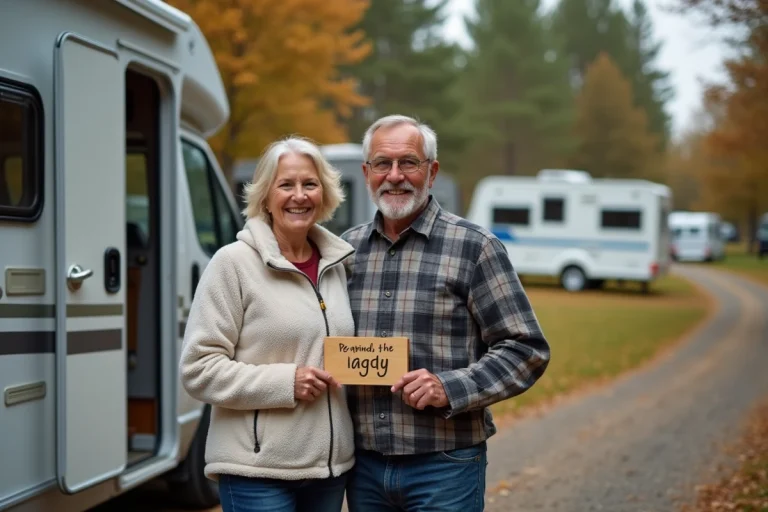 Couple de campeurs devant leur camping-car avec un surnom personnalisé peint sur le véhicule dans un cadre forestier automnal