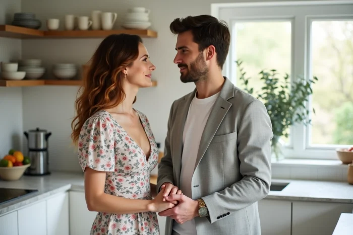 Couple complice dans une cuisine moderne, se tenant la main sur un plan de travail en marbre dans un intérieur lumineux