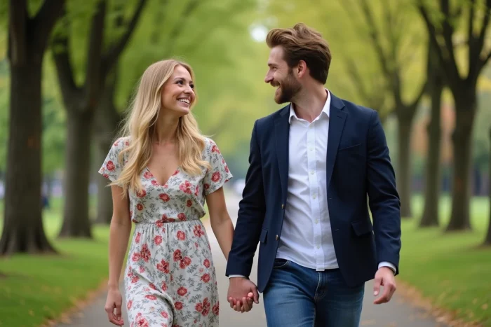 Couple heureux se promenant main dans la main sur un sentier de parc verdoyant en tenue élégante décontractée