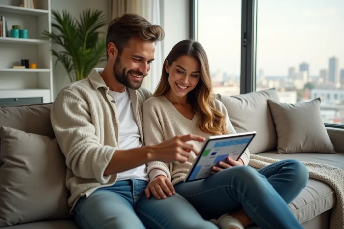 Couple planifiant un voyage économique en consultant un calendrier de prix de vols sur une tablette à domicile