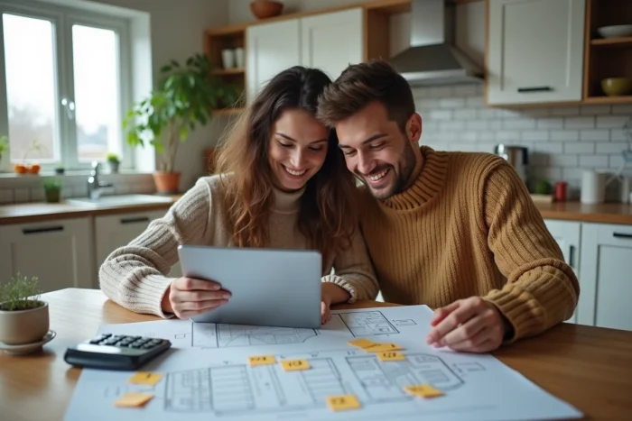 Jeune couple planifiant un projet immobilier avec des documents de crédit à la maison