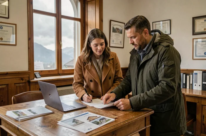 Couple en train de signer des documents immobiliers chez un notaire à Pontarlier avec brochures et ordinateur portable