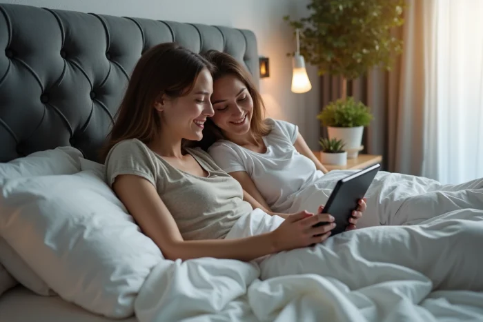 Couple regardant un film en streaming sur tablette dans une chambre moderne et apaisante